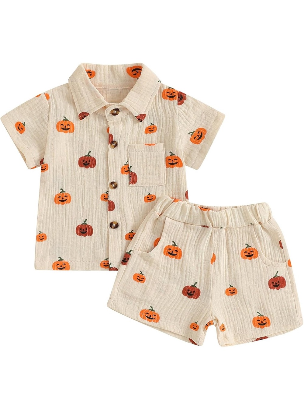 Toddler Pumpkin Button Down Short Sleeve Shirt Shorts Set 2 Piece Cotton Linen